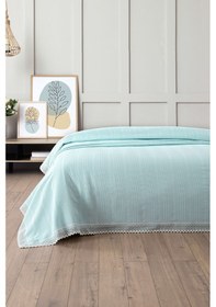 Resim %100 Pamuk Çift Kişilik İki Renkli Kopanaki Dantelli Waffle Pike-210x230 Cm-bebe Mavisi Bebe Mavisi 