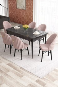 Resim Canisa Elf Serisi 80x132 Açılabilir Siyah Mermer Desen Masa Takımı 6 Krem Sandalye 