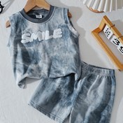 Resim Erkek Çocuk Takımı. Pamuk Kumaş Bağcıklı Elbise ve Şort Takımı, Yaz Yeni Gelen. İngilizce Havlu Nakış İşlemesi, Rahat Moda. Açık Hava Sporları Tatil Oyunları, Günlük Giyim İçin Mükemmel 