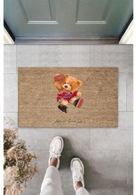 Resim Bej Kapı Önü Paspası Never Give Up Ayıcık Desen K-3315 
