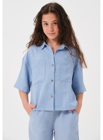 Resim Genç Kız Çocuk Cepli Kısa Kollu Gömlek Mavi 
