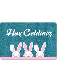 Resim Dijital Baskılı Kapı Önü Paspas Hoşgeldiniz Yazılı Çiçek Desen Ve Tavşan Iç Ve Dış Kapı Yıkanabilir Yeşil 