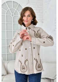 Resim Kadın Bej Gabardin Gömlek - Oversize Beden Bej 