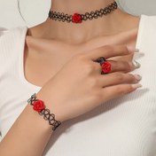 Resim 1 Set Siyah Çiçekli Kadife Gül Dantel Balık İpi Elastik Kolye, Bileklik ve Yüzük Kombosu - Noel, Sevgililer Günü Hediyesi için Moda Takı Seti - Naylon Malzeme, Kaplama Yok 
