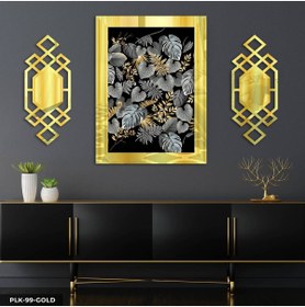 Resim Evinemoda Gri Tonlarda Yaprak 3 Parça Gold Pleksi Aynalı Yan Dekorlu Tablo 
