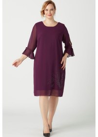 Resim 3132 Taş Baskılı Şifon Tarz Büyük Beden Şık Elbise Mürdüm 