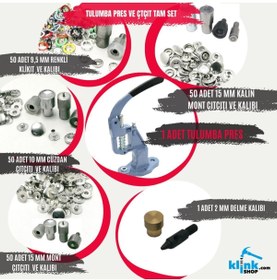 Resim Klinkshop Tulumba Pres Çıtçıt Makinesi, 5 Adet Çıtçıt Aparatları ve 200 adet Paslanmaz Pirinç Çıtçıt Seti 