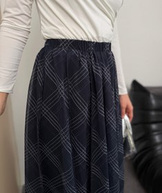 Resim Kadın Lacivert Ekose Desenli Yüksek Bel Lastikli Şifon Asimetrik Uçlu Uzun Etek 52861 - Lacivert / L-XL 