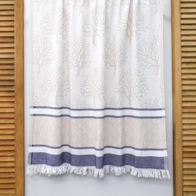 Resim MİSSİ Lacivert Şeritli Mercan Jakarlı Bej Pamuk Peştemal 