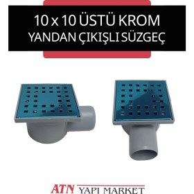 Resim 10X10 Üstü Krom Kare Yer Süzgeci – 50'lik Yandan Çıkışlı Su Gideri – Banyo, Balkon, Teras Tahliye Izgarası 