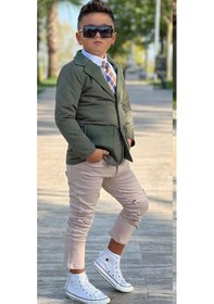 Resim Riccotarz Erkek Çocuk Klasik Gömlek Kravatlı Kapitone Yeşil Mont Slim Pantolon Kesim Pantolon Alt Üst Takım Yeşil 