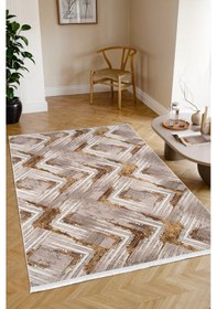 Resim Kaymaz Taban Yıkanabilir Modern Salon Mutfak Oturma Odası Çocuk Odası Halısı 5014 Gold 