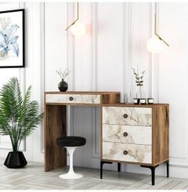 Resim Lizbon Makyaj Masası - Ceviz / Beyaz Mermer 