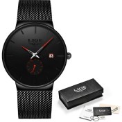 Resim Hanyang Siyah Kırmızı Relojes Hombre Lıge Yeni Örgü Çelik Erkek Saatler Üst Marka Lüks Ultra-Ince Su Geçirmez Kuvars Izle Erkekler Rahat Spor Kuvars Saat (Yurt Dışından) 