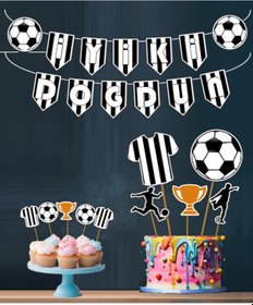 Resim 32 Parça Tam Set Futbol Siyah Beyaz Taraftar Doğum Günü Seti Banner Pasta Kürdanı Cupcake Süsü Seti +0 
