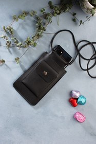 Resim DK LEATHER Kadın Siyah Omuz Askılı Küçük Telefon Çantası Kılıfı Kart Bölmeli Yürüyüş Çantası 