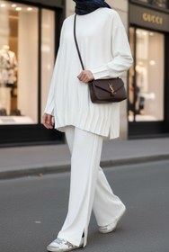 Resim Aselim Hijap Moda Alisa Pileli Premium Modal Kumaş Tesettür İkili Takım - Ekru 