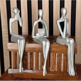 Resim Modern Soyut Düşünür Heykel Seti, 3'lü, Gümüş, Büyük Boy Reçine Ev ve Ofis Dekoru 