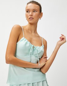 Resim Saten Pijama Üstü İnce Askılı Bağlama Detaylı 