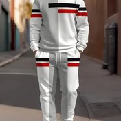 Resim Erkekler için Rahat Renk Bloğu Spor Takımı - Crew Neck Sweatshirt ve Bağcıklı Pantolon, Beyaz/Kırmızı/Siyah, Polyester, Örgü Kumaş, Bahar/Sonbahar için Mükemmel 