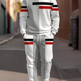 Resim Erkekler için Rahat Renk Bloğu Spor Takımı - Crew Neck Sweatshirt ve Bağcıklı Pantolon, Beyaz/Kırmızı/Siyah, Polyester, Örgü Kumaş, Bahar/Sonbahar için Mükemmel 