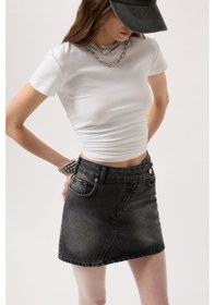 Resim Asimetrik Kemer Denim Mini Etek Siyah 