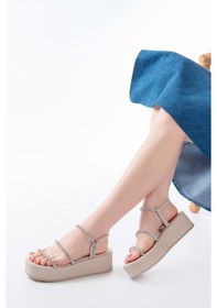 Resim 861-1008 Bej Gümüş Taşlı Dolgu Topuklu Kadın Sandalet Altın - Taba 