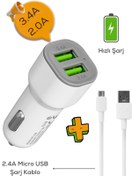 Resim Maybax Micro USB Kablolu 3.4A Hızlı Şarj 2 USB Beyaz Araç Şarj Cihazı 