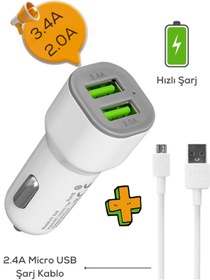 Resim Maybax Micro USB Kablolu 3.4A Hızlı Şarj 2 USB Beyaz Araç Şarj Cihazı 