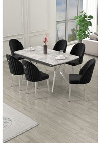 Resim Canisa Sim Serisi 89x150 Açılabilir Lak Panel Rampla Gri Masa Takımı 6 Siyah Sandalye Beyaz Mermer Desen Masa Sandalyeler Siyah 