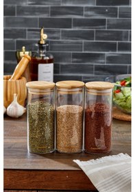 Resim Cooker 3'lü 400 Ml Bambu Kapaklı Borosilikat Cam Kavanoz Ckr3895 Şeffaf - Gri 