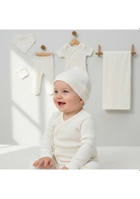 Resim Milays 0-3 Ay Bebeklere %100 Pamuk Çıtçıtlı Body Li Havlulu 7 Parçalı Zıbın Takımı ekru 