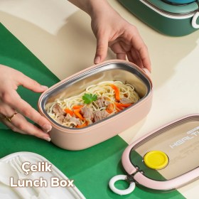 Resim Posima 3114 Stainless Steel Vakumlu Lunch Box Tek Katlı Paslanmaz Çelik Kolay Kilitlenir Kendinden Kaşıklı Sefer Tası – 750ML Pembe 