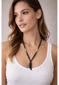 Resim Otantik Siyah Boncuklu Unisex Kolye El Yapımı Tribal Stil, Günlük Ve Bohem Kombinlere Uygun Siyah 