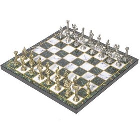 Resim Lüks Metal Satranç Takımı Krom Kaplama Roma Ordusu Figür & Zümrüt Yeşili Mermer Desenli Tahta 20 Cm. 