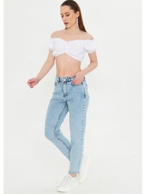 Resim Kutaf Kar Yıkama Açık Mavi Slim Fit Mom Jean Açık Mavi 