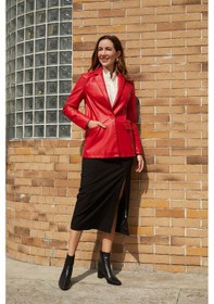 Resim Kadınlar İçin Uzun Kollu Tek Düğmeli Günlük Düz Renk Deri Ceket Kırmızı 