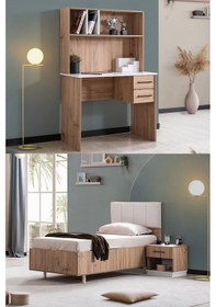 Resim Genç Odası Efes Çalışma Masası,bazalı Karyola,komodin Ceviz Krem Ceviz 