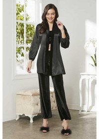 Resim Pierre Cardin 2050 Dantelli Kadife Saten 3'lü Croplu Pijama Takımı 001 