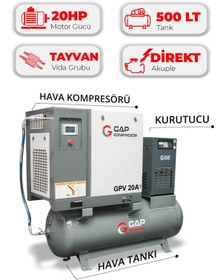 Resim Hava Kompresörü Depo Üstü Vidalı 20hp 500lt Gpv20a 