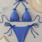 Resim Mavi ve Beyaz Ekose Bik!ni, Fiyonk Süslemeli ve Üçgen Üst Seksi Tatil İki Parçalı Mayo 
