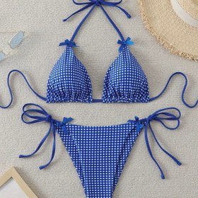 Resim Mavi ve Beyaz Ekose Bik!ni, Fiyonk Süslemeli ve Üçgen Üst Seksi Tatil İki Parçalı Mayo 