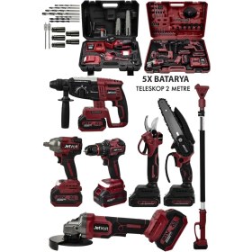 Resim Jetvolt Premium Profesyonel 21V 2.0AH 2 Çantalı 5 Bataryalı Kömürsüz Darbeli Teleskop Kollu 7li Set - Kırmızı 
