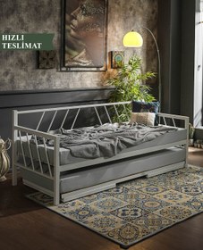 Resim Unimet Glory Yavrulu Daybed Tek-çift Kişilik Sedir Metal Karyola Yatak Seti Beyaz 