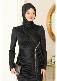 Resim Raika Moda Parıltılı Fırfır Detaylı Zühre Tesettür Abiye Siyah 