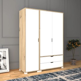 Resim Midoser Mat Beyaz - Keçe (Açık Ceviz) 3 Kapılı 2 Çekmeceli Elbise Dolabı - Gardırop 