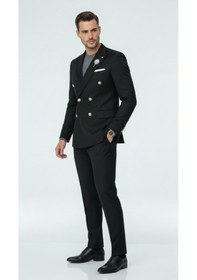 Resim Erkek Kruvaze Gold Düğmeli Dokulu Likralı Kumaş Blazer Ceket Modern Kesim Şık Tasarım Siyah 