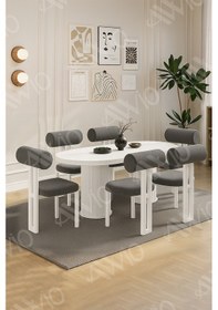 Resim Avvio Carlina Bohem Ayak 6'lı Metal Pofi Demonte Sandalye 80x160 Masa Sandalye Takımı Beyaz Masa Sandalye Beyaz Kumaş Antrasit Gri 