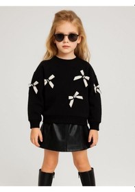 Resim Kız Çocuk Fiyonk Detaylı Sweatshirt-16131 Siyah 