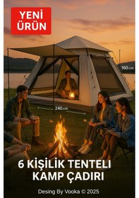 Resim 6 Kişilik Otomatik Kurulumlu Kamp Çadırı Sineklikli & 3000 Mm Su Geçirmez Outdoor Çadır Bej 